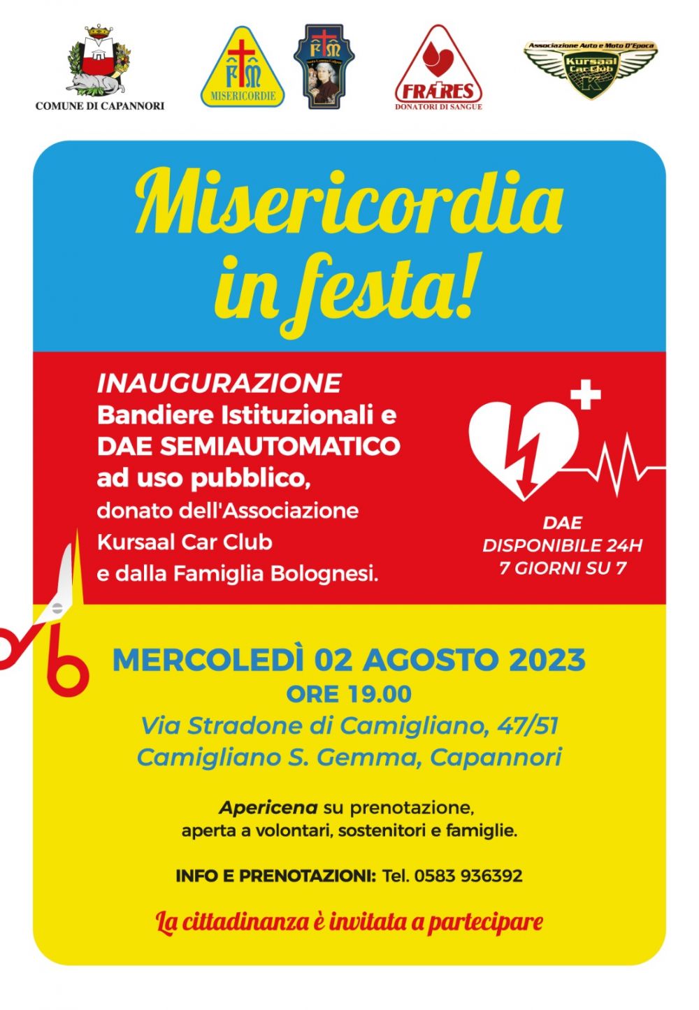 MERCOLEDÌ 02 AGOSTO 2023 ORE 19.00 Via Stradone di Camigliano, 47/51 Camigliano S. Gemma, Capannori Apericena su prenotazione, aperta a volontari, sostenitori e famiglie. INFO E PRENOTAZIONI: Tel. 0583 936392 la cittadinanza è invitata a partecipare